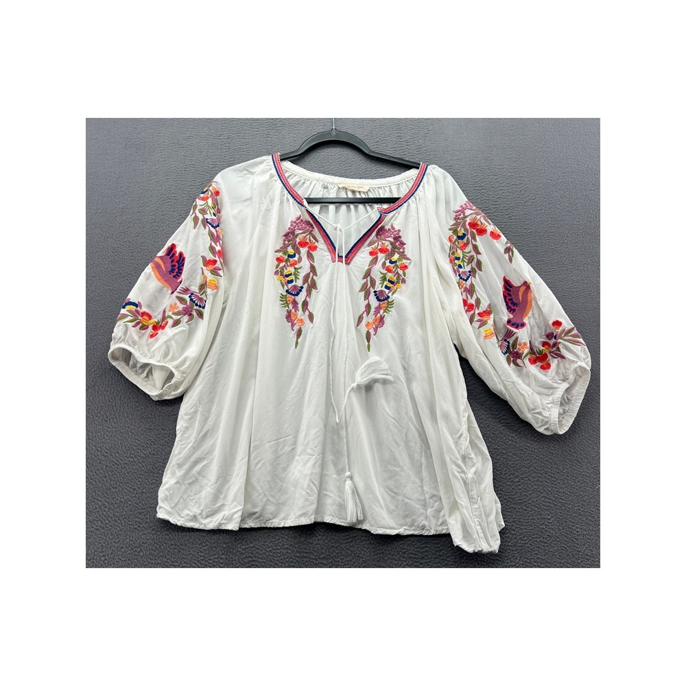 Anthropologie Solitaire Blouse Women's Sz XL White Embroidered Peasant Bird Boho